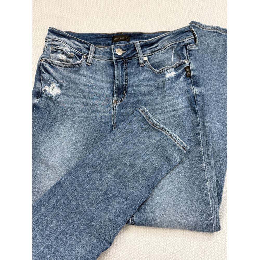 Silver Jeans Blue Suki Straight Jeans Women 28 Distressed Mid Rise Medium Wash